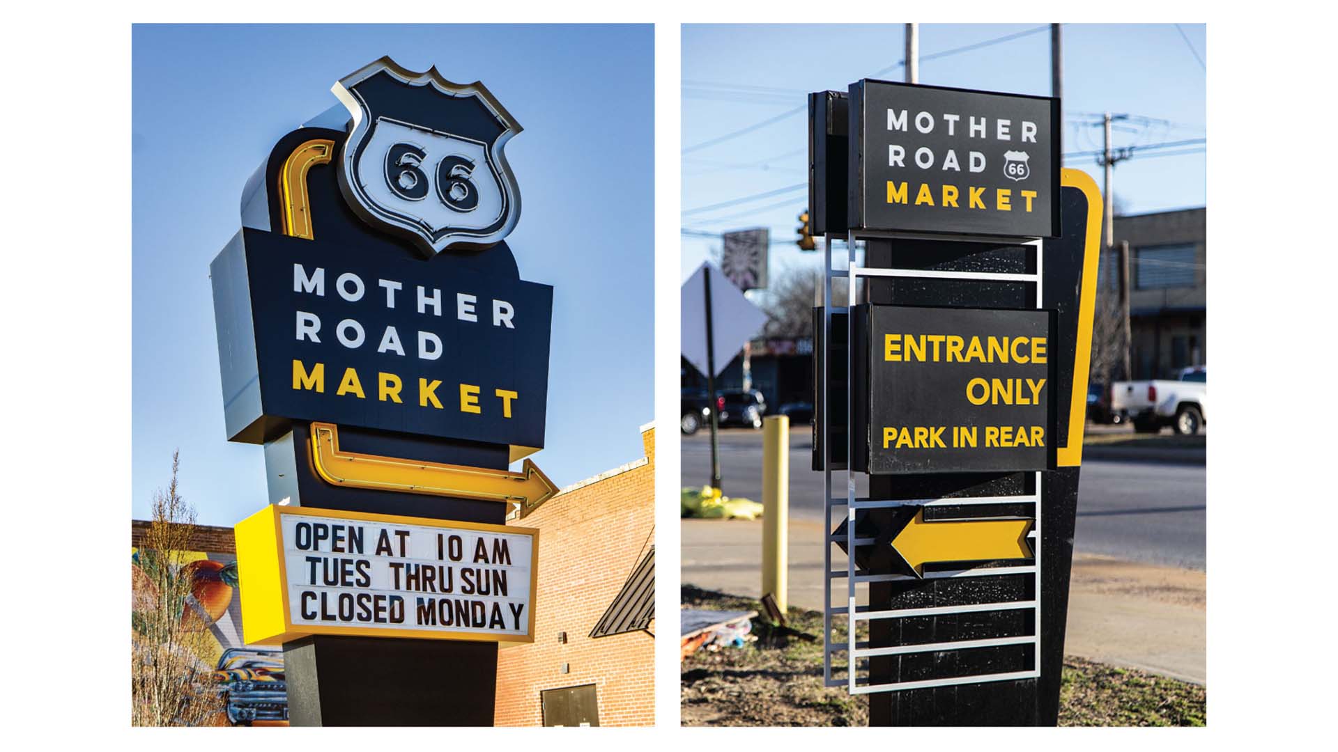 Outdoor signage for Mother Road Market in Tulsa, Oklahoma