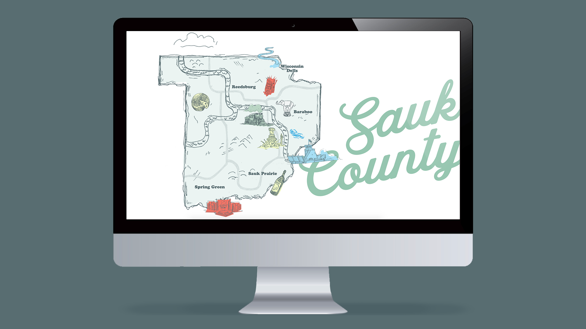 Sauk County computer screen with map of Sauk County, Wisconsin