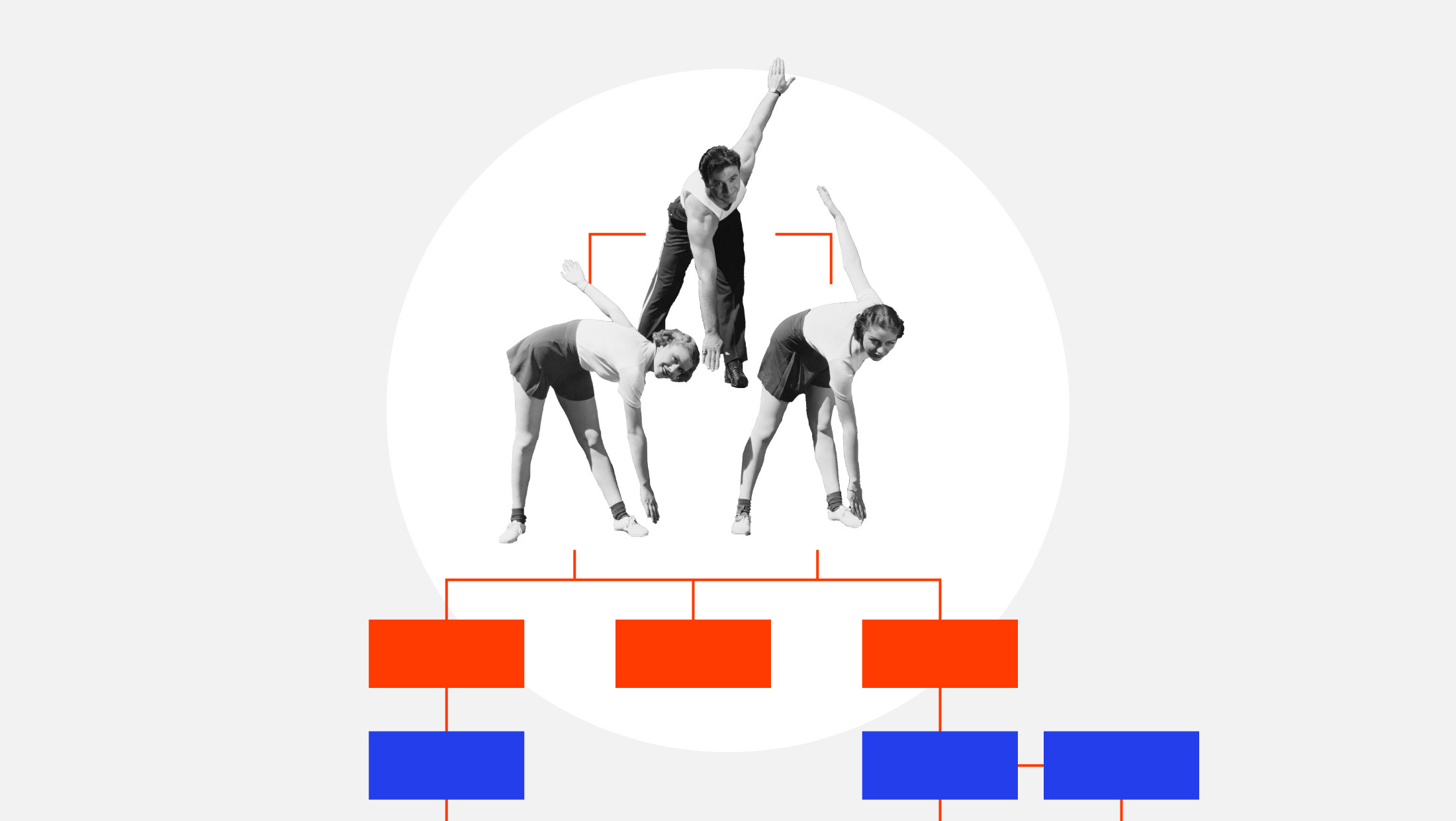 Three people stretching on a wireframe image.