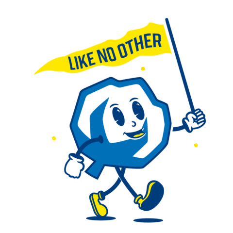 Cartoon cotton ball named "Cotton Buddy" carrying a banner that says "Like No Other"